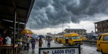 Storm clouds gathering over a Nigerian city ahead of rainfall